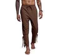 YAOBAOLE Pantalones largos de lino para hombre, estilo medieval, disfraz de vikingo, con bolsillos, pantalones piratas renacentistas, ajuste universal, marrón, L