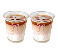 yaocoral Juego de 2 vasos franceses de 12 onzas con lazo, taza de café de cristal, taza de té, tazas de vidrio lindas para té helado, jugo, café, leche, postre, juego de vasos apilables (lazo rosa)