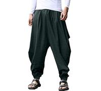 YAOHUOLE Pantalones de algodón y lino para hombre, holgados, casuales, pantalones de harén de pierna ancha, pantalones Kidoriman con cordón, disfraz de pirata, ropa hippie, gris oscuro, 3XL