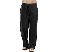 YAOHUOLE Pantalones de lino para hombre, largos de verano, con bolsillos, cintura elástica, Negro , L