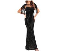 YAOJIWANG Vestido de Flecos Mujer Fiesta Largo Vestidos de Fiesta Sirena Cuello en V Lentejuelas Tul Corte Imperio para Mujer Vestido de Lentejuelas Brillantes con Cuello Irregular para Mujer