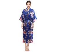 YAOMEI Mujer Vestido Kimono Satén Larga, Camisón para Mujer Sedoso Pavo & Flores Robe Albornoz Dama de Honor Ropa de Dormir Pijama Versión extendida (One Size, A-Azul Real)
