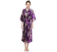 YAOMEI Mujer Vestido Kimono Satén Larga, Camisón para Mujer Sedoso Pavo & Flores Robe Albornoz Dama de Honor Ropa de Dormir Pijama Versión extendida (One Size, A-Púrpura)
