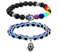 Yaomiao 2 Pulseras de Cuentas de Mal de Ojo de 7 Chakras, Mano de Fátima, Mano de Hamsa, Pulsera Elástica de Cristales de Protección de Buena Suerte