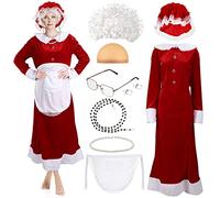 Yaomiao 9 Pcs Mrs. Santa Costume for Women Santa Claus Costume for Women Santa Dress Bonnet Apron Wig for Christmas (Basic, X-Large)