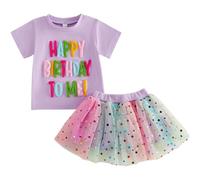 Yaopelky Conjunto de 2 piezas de camiseta de algodón con falda tutú arcoíris bordada "Happy Birthday to Me" para niña pequeña, Morado (, 5-6 años