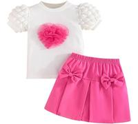 Yaopelky Conjunto de 2 piezas de falda de verano para niña, camiseta de manga corta abombada, falda plisada, fiesta de cumpleaños, ropa para niña, Melocotón, 4 años
