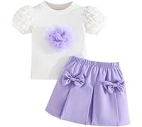 Yaopelky Conjunto de 2 piezas de falda de verano para niña pequeña, falda plisada de manga corta abombada, ropa de fiesta para niña, Púrpura, 6 años
