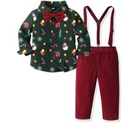 Yaopelky Conjunto de camisa con estampado de Navidad para niño, con pajarita, tirantes y pantalón, ropa de vestir para caballero, Camisa verde y pantalón rojo (estampado de regalo), 3-4 años