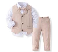 Yaopelky Conjunto de Traje Formal para bebé niño pequeño, Traje de Caballero con Chaleco con Pajarita, Vestido, Camisa, pantalón, Trajes de Boda para niños, Rosa, 12-18 Meses