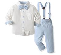 Yaopelky Conjunto de Traje Formal para niños pequeños, Camisa de Manga Larga con Pajarita, Tirantes y pantalón, Vestido de Boda para niños, Azul, 1-2 años