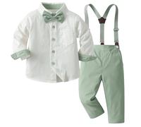 Yaopelky Conjunto de Traje Formal para niños pequeños, Trajes de Caballero de Manga Larga con Pajarita, Tirantes y pantalón, Trajes de Boda para niños, Verde, 1-2 años
