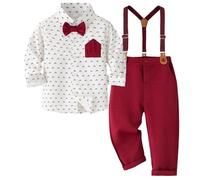 Yaopelky Conjunto de Traje Formal para niños pequeños, Trajes de Caballero de Manga Larga con Pajarita, Tirantes y pantalón, Trajes de Boda para niños, Rosso, 1-2 años