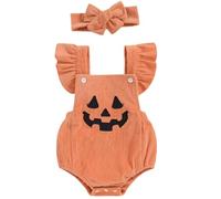 Yaopelky Disfraz de Halloween para bebé, pelele para recién nacido, con diseño de calabaza, esqueleto, manga con volantes, mono con diadema (naranja, 0-3 meses)