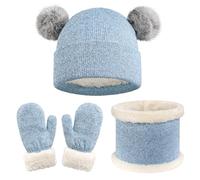Yaopelky Juego de gorro, bufanda y guantes para niños, gorro de punto cálido con pompones, guantes calentadores de cuello, accesorios de invierno para niños y niñas de 3 a 7 años, azul, Taille unique