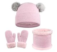 Yaopelky Juego de gorro, bufanda y guantes para niños, gorro de punto cálido con pompones, guantes calentadores de cuello, accesorios de invierno para niños y niñas de 3 a 7 años, rosa, Taille unique