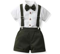 Yaopelky Traje formal para niños pequeños, camisa de manga corta con corbatín, pantalones cortos con tirantes, traje de boda para niños, Ejercito Verde, 3-4 Years
