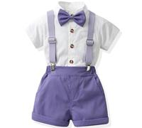Yaopelky Traje formal para niños pequeños, camisa de manga corta con corbatín, pantalones cortos con tirantes, traje de boda para niños, Morado (, 4-5 Years