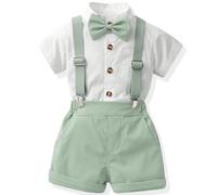 Yaopelky Traje formal para niños pequeños, camisa de manga corta con corbatín, pantalones cortos con tirantes, traje de boda para niños, Verde, 3-4 años