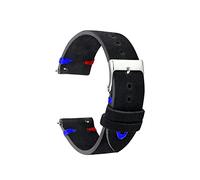 yaoqijie Correa de reloj de puntada hecha a mano de cuero de gamuza, hebilla de pasador pulido plateado, correa de reloj de cuero Original 18mm 20mm 22mm KZSD03 lasting(Black-Red Blue Line,20mm)