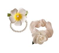YAPKOLV Pulsera de Flor de Huevo Perla 2 en 1 y Goma de Cabello + Anillo de Cabello Grande de Camelia Beige, Accesorio de Cabello Juvenil y Puro