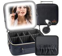 Yapretty Estuche de maquillaje iluminado con divisores ajustables, organizador de almacenamiento para cepillos, con espejo desmontable de pantalla completa, resistente al agua (peine para el pelo con