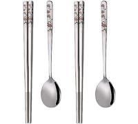 YAPULLYA Juego de 3 cucharas y palillos coreanos de mango largo, acero inoxidable 18/8, multicolor con grabado láser y cuchara, palillos y cuchara reutilizables de metal, juego de 3 (estilo MD)