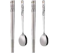 YAPULLYA Juego de cuchara y palillos coreanos de mango largo, acero inoxidable 18/8 multicolor grabado láser, palillos y cucharas, juego de palillos y cucharas reutilizables de metal, juego de 3
