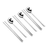 YAPULLYA Juego de cucharas y palillos de acero inoxidable pulido, vajilla coreana con mano larga, reutilizable, juego de 3 unidades, color plateado