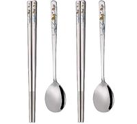 YAPULLYA Juego de regalo coreano de cuchara y palillos de sopa de mango largo, acero inoxidable 18/8 multicolor, grabado láser, palillos y cuchara, juego de regalo de palillos y cuchara reutilizables