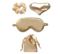 Yardenfun Máscara para Dormir de Seda Artificial 4 Piezas Color Dorado Parche para Ojos, Tapones Oídos y Lazo Cabello, Set Práctico para Aliviar Fatiga Ocular y Promover el Sueño