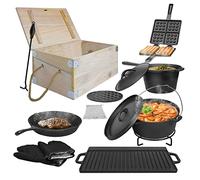 YARDIN BBQ Dutch Oven Set de 12 piezas, olla de hierro fundido, olla de 3,6 litros en caja de madera, accesorios para barbacoa con placa de parrilla