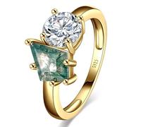 Yaresul Anillo de compromiso Toi Et Moi de ágata musgo natural, plata de ley 925, chapado en oro de 14 quilates, anillo de compromiso de ágata musgo de corte cometa, anillo de compromiso para mujer