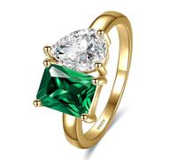 Yaresul Toi Et Moi - Anillo de compromiso de plata de ley 925 con esmeralda para mujer, chapado en oro de 14 quilates, 1,5 quilates, 6 x 8 mm, anillo de doble piedra con esmeralda y circonita cúbica
