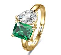 Yaresul Toi Et Moi - Anillo de compromiso de plata de ley 925 con esmeralda para mujer, chapado en oro de 14 quilates, 1,5 quilates, 6 x 8 mm, anillo de doble piedra con esmeralda y circonita cúbica
