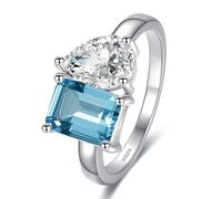 Yaresul Toi Et Moi - Anillo de compromiso de plata de ley 925 para mujer, chapado en oro blanco de 1,5 quilates, 6 x 8 mm, anillo de doble piedra con esmeralda y pera, talla aguamarina, anillo de boda