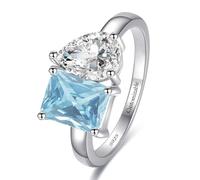 Yaresul Toi Et Moi Ring 925 Sterling Silver Women Engagement Ring 14K Gold Plated 1.5ct 6x8mm Double Stone Ring Emerald & Pear Aquamarine Cut Ring Wedding Band Width Band 2mm Size 5-9, Plata de ley