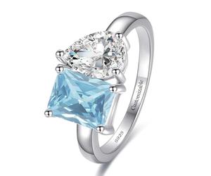 Yaresul Toi Et Moi Ring 925 Sterling Silver Women Engagement Ring 14K Gold Plated 1.5ct 6x8mm Double Stone Ring Emerald & Pear Aquamarine Cut Ring Wedding Band Width Band 2mm Size 5-9, Plata de ley