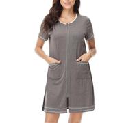 YARISNEY Bata para Mujer Duster Robe con Cremallera Delantera Manga Corta Vestido de Dormir Corto con Bolsillos S-XXL, gris, S