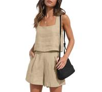 YARKIM Women 2 Piece Outfits Linen Matching Sets Two Piece Lounge Shorts Crop Tops 2023 Boho Beach Clothes Summer Vacation(Khaki,Large)