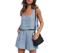 YARKIM Womens 2 Piece Outfits Lounge Matching Sets Two Piece Linen Shorts Crop Tops 2023 Trendy Clothes Summer Vacation Set(Light Blue,XX-Large)