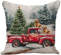 YarnAdventures 11CT Kit De Punto De Cruz De Cojín,Camión rojo con árbol de Navidad Golden Retrievers,Kits De Punto De Cruz Con Estampado,Diy Funda De Almohada Bordada A Mano,18x18in