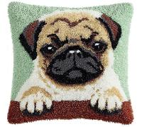 YarnAdventures Animal Perro Kit de Almohada con Gancho para Adultos,Lindo perro pug,Funda de Almohada Preimpresa,Hilos de Ganchillo,Kit Cojin Gancho de Pestillo,43x43cm