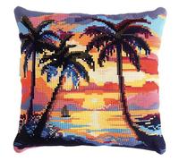 YarnAdventures Cross Stitch Cushion Kits,Atardecer tropical,cocoteros junto al mar.,Needlecraft Tapestry Kit Cushion Cover Craft,Hand Embroidery Cross Stitch Art for Home Decor,45x45cm