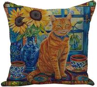 YarnAdventures Cross Stitch Cushion Kits,Gato naranja sobre mesa de girasol,Needlecraft Tapestry Kit Cushion Cover Craft,Hand Embroidery Cross Stitch Art for Home Decor,45x45cm