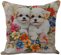 YarnAdventures Cross Stitch Cushion Kits,Lindos perros malteses y flores de colores,Needlecraft Tapestry Kit Cushion Cover Craft,Hand Embroidery Cross Stitch Art for Home Decor,45x45cm