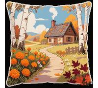 YarnAdventures Kit de cojín de punto de cruz Para Adultos,Una cabaña en el bosque otoñal.,Funda De Almohada Bordada A Mano,DIY Bordado Creativo Regalo,45x45cm