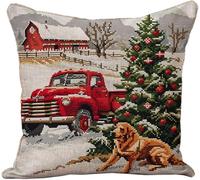 YarnAdventures Kit De Cojines De Punto De Cruz Estampados,Camión rojo con árbol de Navidad Golden Retrievers,Kits De Almohadas De Costura Diy,Funda De Almohada Bordada A Mano,45x45cm