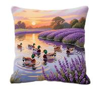 YarnAdventures paisaje Cross Stitch Cushion Kits,Lavanda y patos junto al río,Needlecraft Tapestry Kit Cushion Cover Craft,Hand Embroidery Cross Stitch Art for Home Decor,45x45cm
