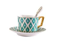 YARNOW Juego de Taza de Café de Porcelana China Vintage Borde Dorado, Platillo Antideslizante y Diseño Verde Tartán, Set de 1 Taza y Platillo para Hogar, Cafetería y Restaurante